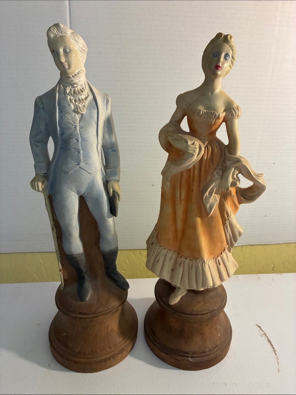 Victorian Couple Resin Figurine Pair in Cream and Orange Ceramic!!